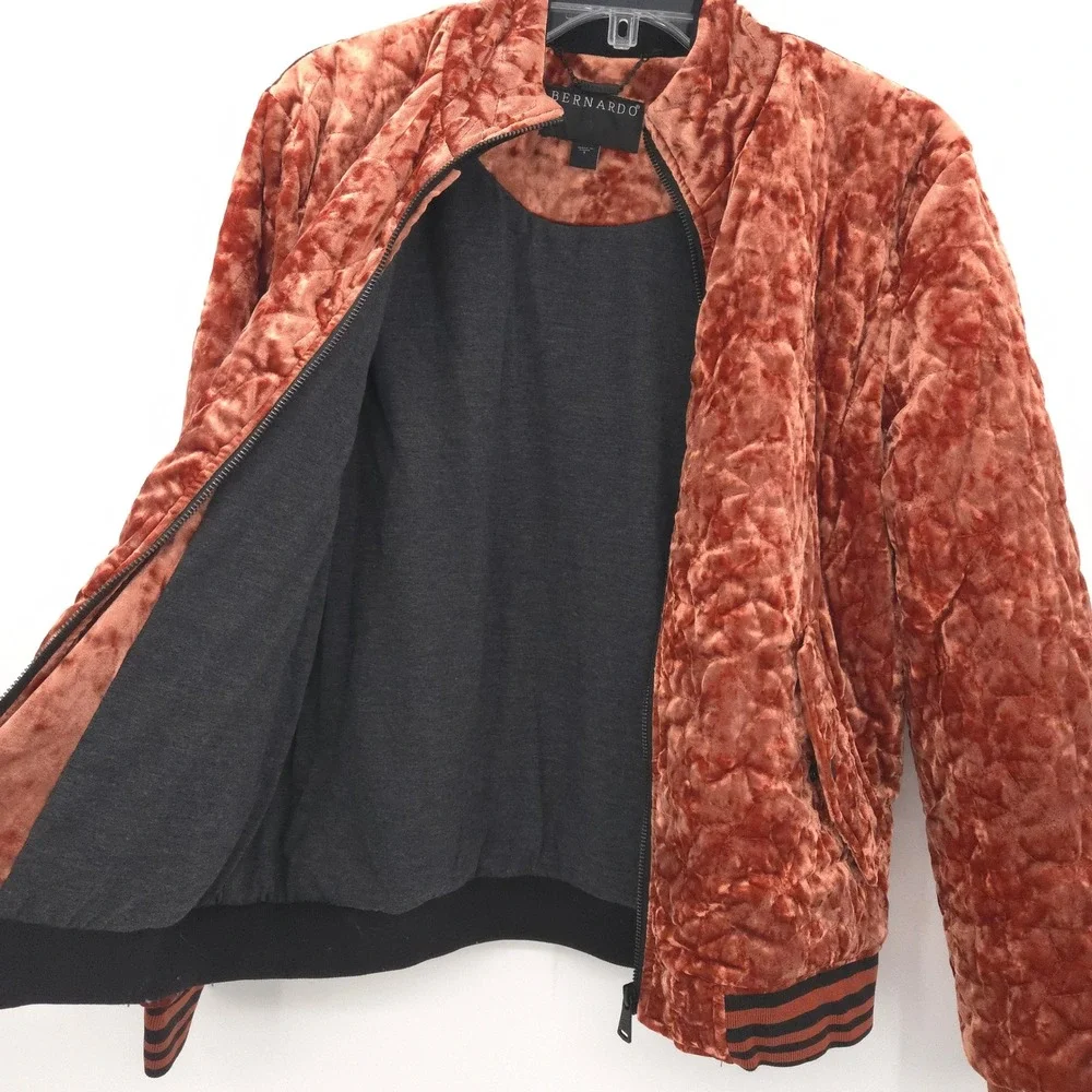 Bernardo Quilted Velvet Bomber Jacket Women Small Rust Orange Striped Trim